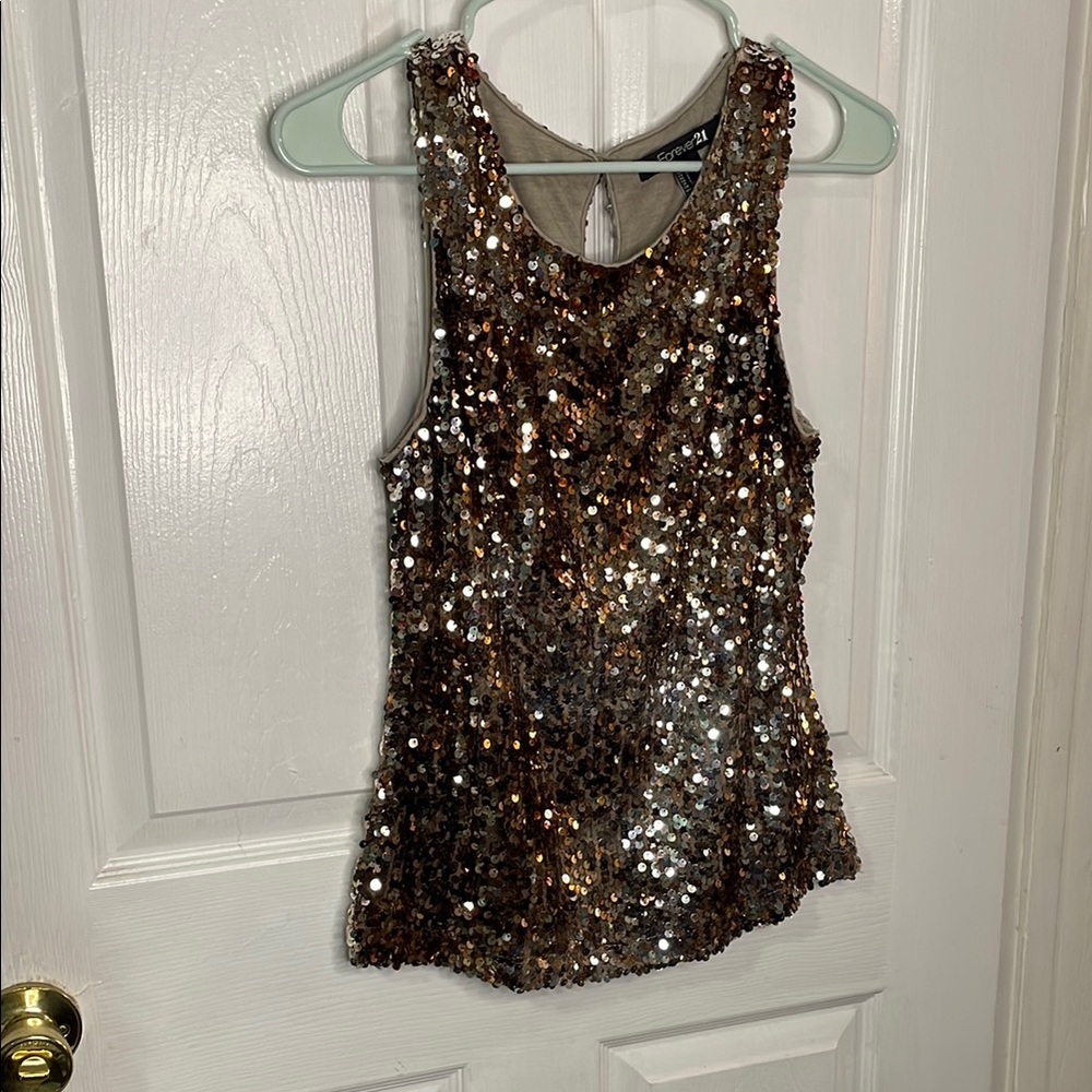 Express Sequin Backless Tank Top in Brown and Gold